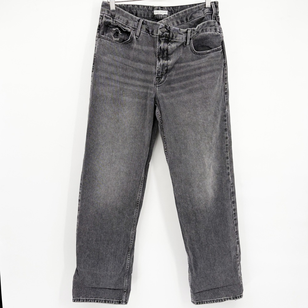 Good American Womens Crossover Waist Black Classic Straight Leg Jeans Size 10/30